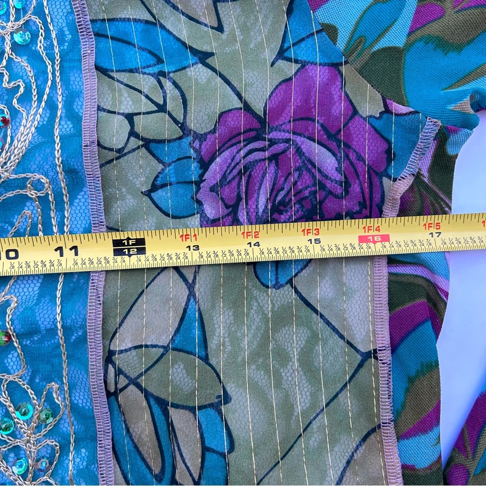 Susan Bristol Sheer Lace Sequin Turquoise Pink Front Zipper Blazer Jacket Blouse - Picture 7 of 9